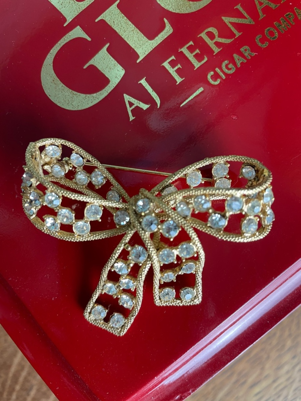 1970’s Vintage Gold Bow Brooch with Clear Crystals
